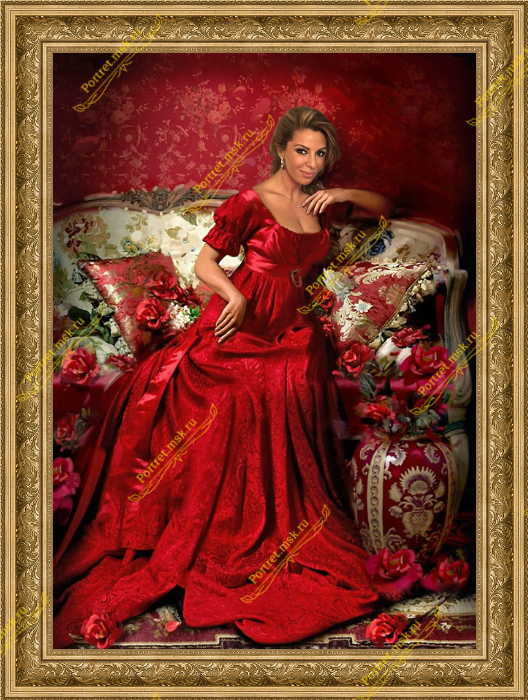 Портрет романтической девушки в красном платье на диване 